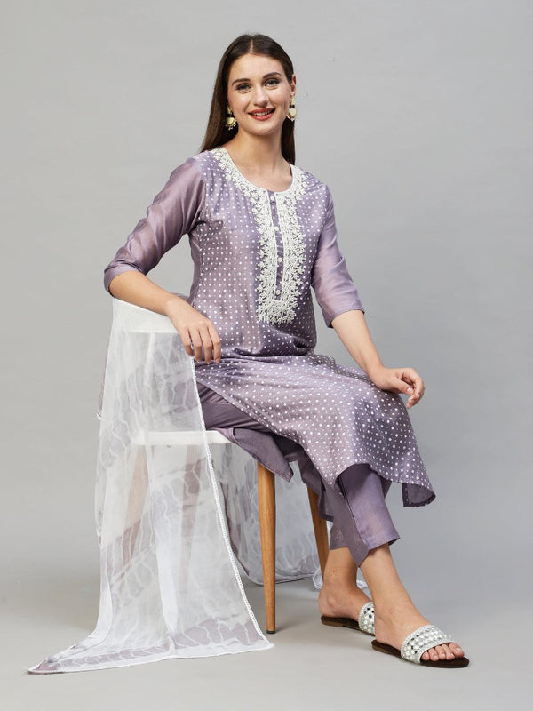 Polka Dots Printed & Hand Embroidered Kurta with Pants & Dupatta - Lavender - Indiakreations