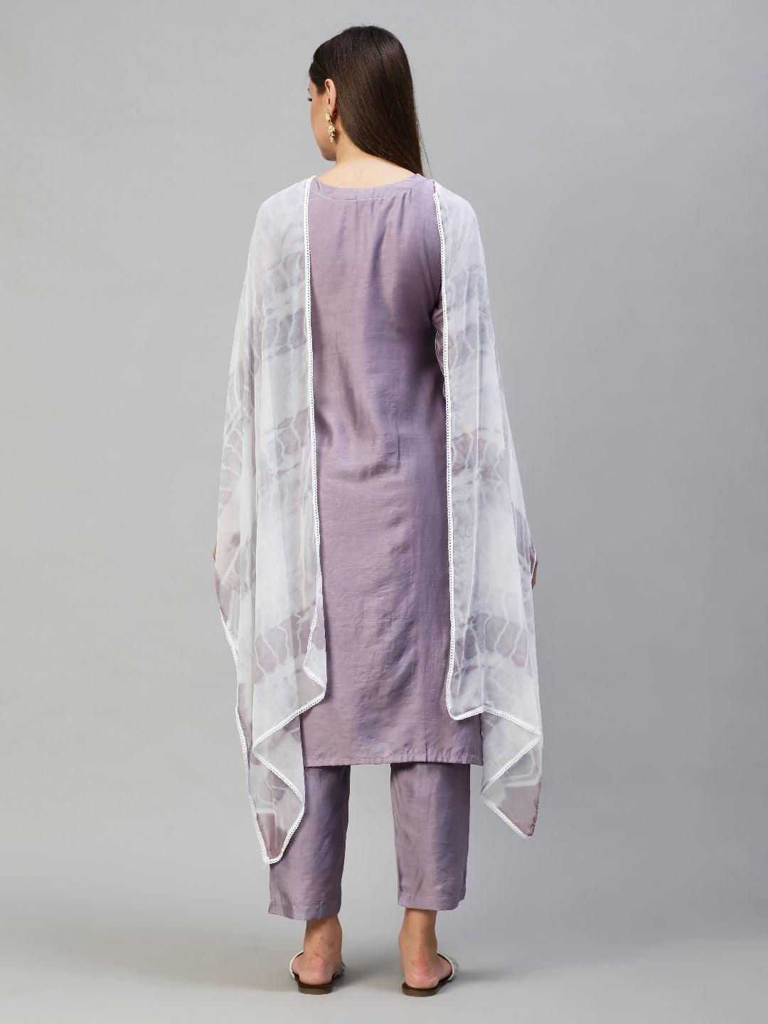 Polka Dots Printed & Hand Embroidered Kurta with Pants & Dupatta - Lavender - Indiakreations