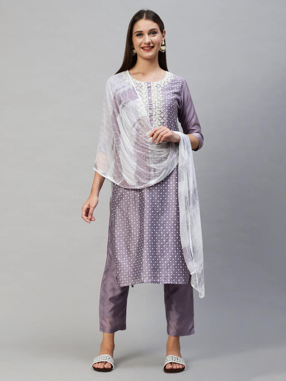 Polka Dots Printed & Hand Embroidered Kurta with Pants & Dupatta - Lavender - Indiakreations