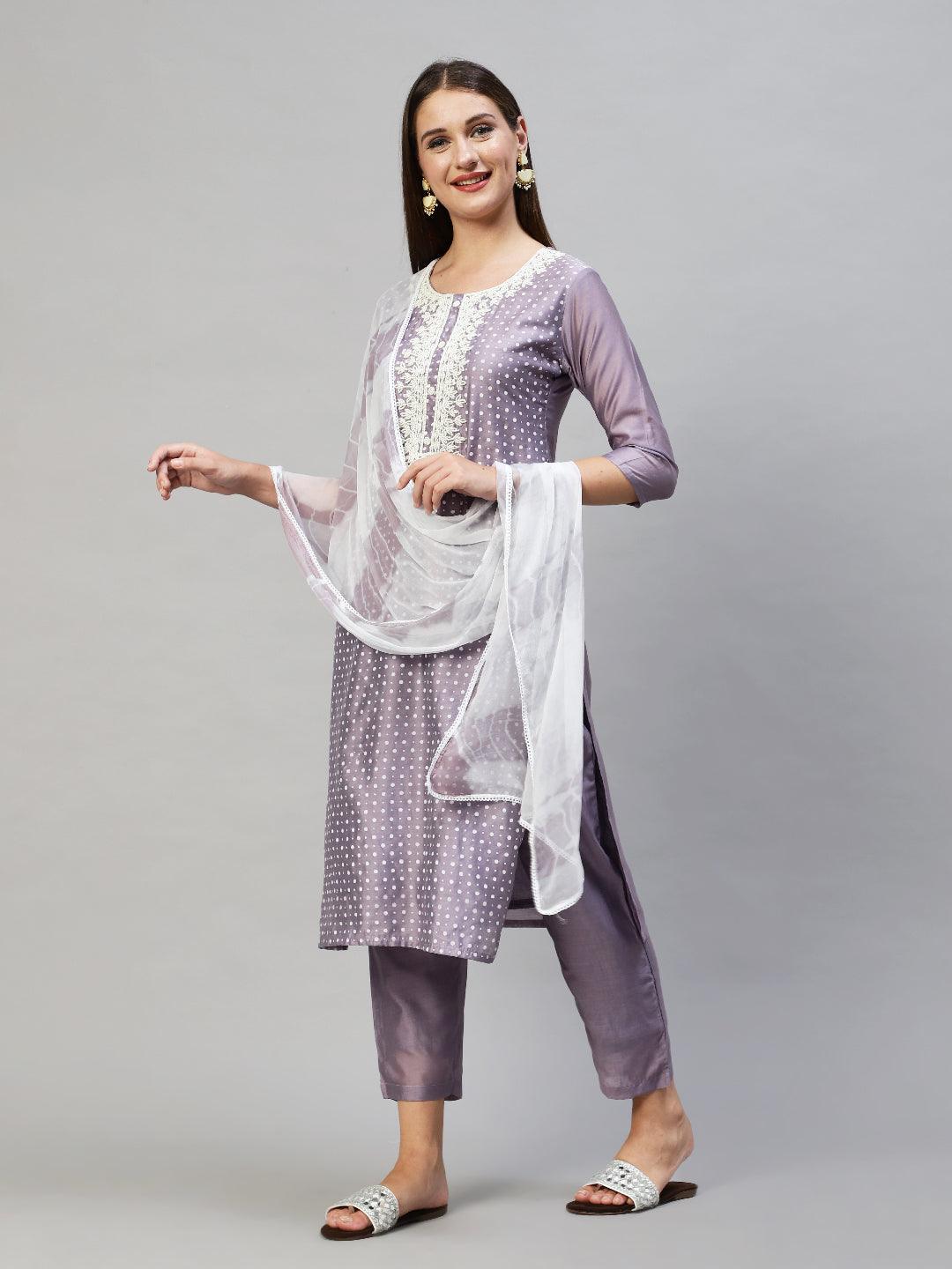 Polka Dots Printed & Hand Embroidered Kurta with Pants & Dupatta - Lavender - Indiakreations