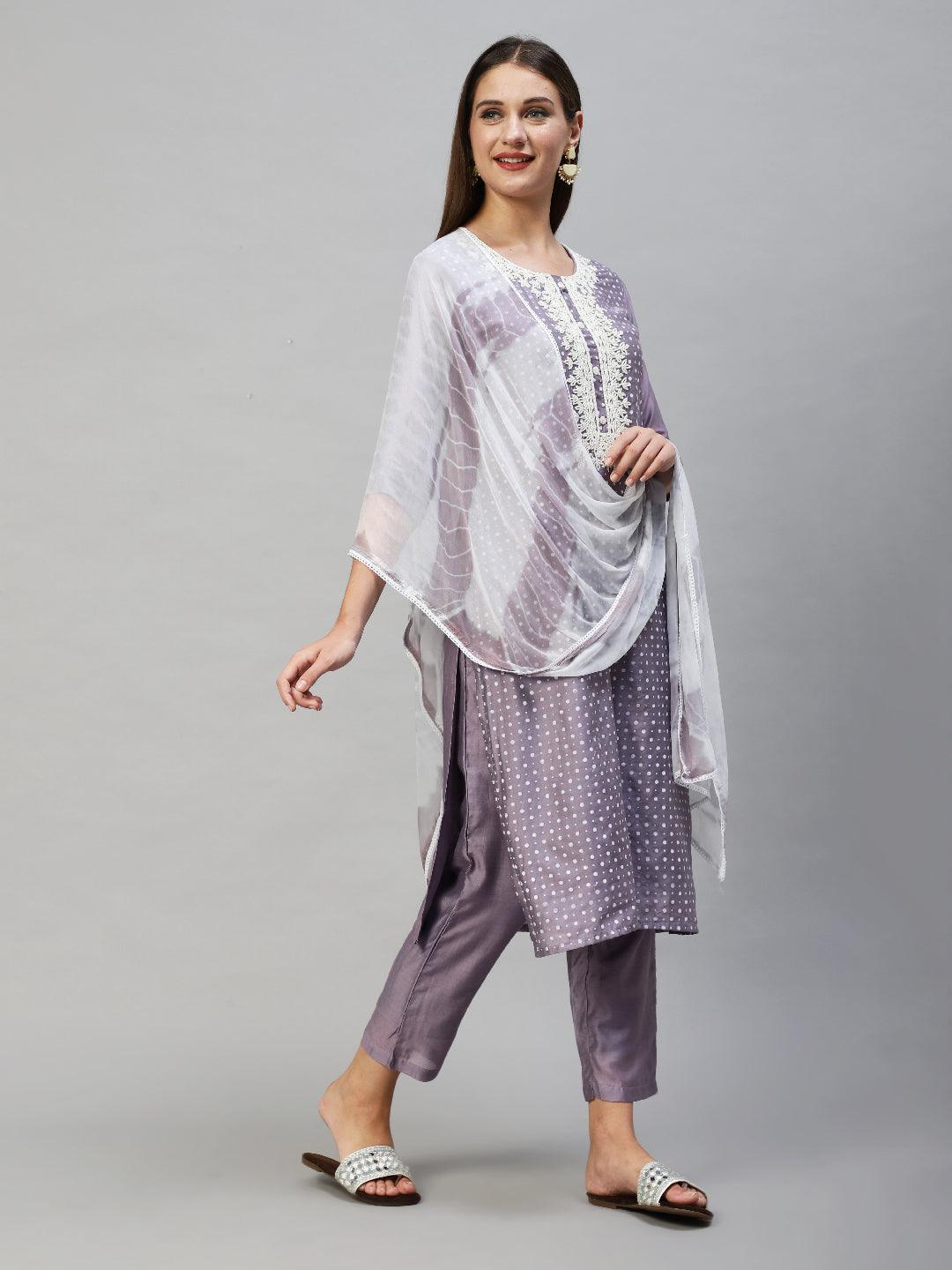 Polka Dots Printed & Hand Embroidered Kurta with Pants & Dupatta - Lavender - Indiakreations