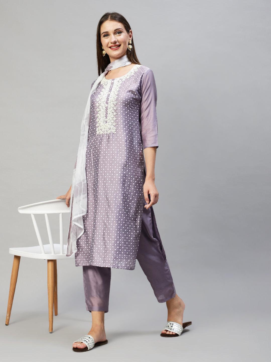 Polka Dots Printed & Hand Embroidered Kurta with Pants & Dupatta - Lavender - Indiakreations