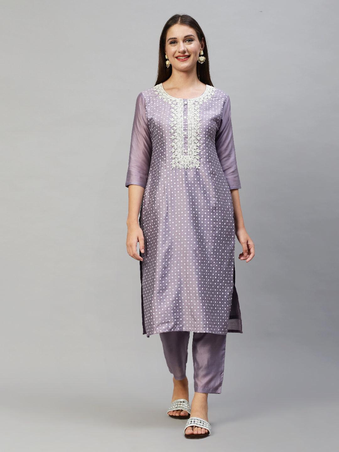 Polka Dots Printed & Hand Embroidered Kurta with Pants & Dupatta - Lavender - Indiakreations