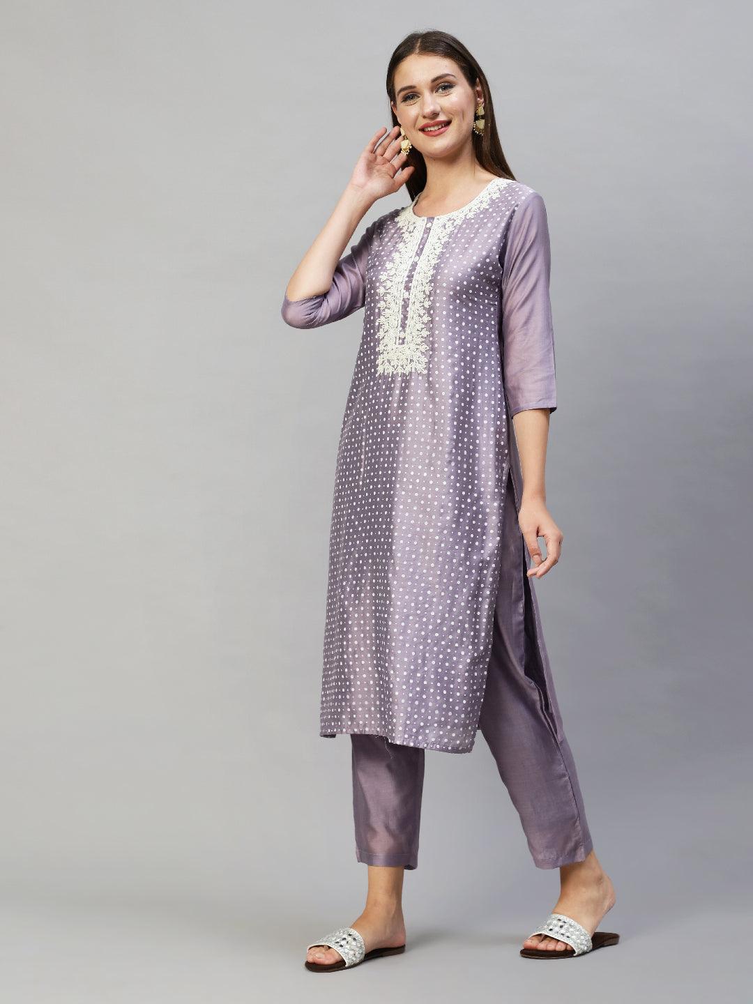 Polka Dots Printed & Hand Embroidered Kurta with Pants & Dupatta - Lavender - Indiakreations