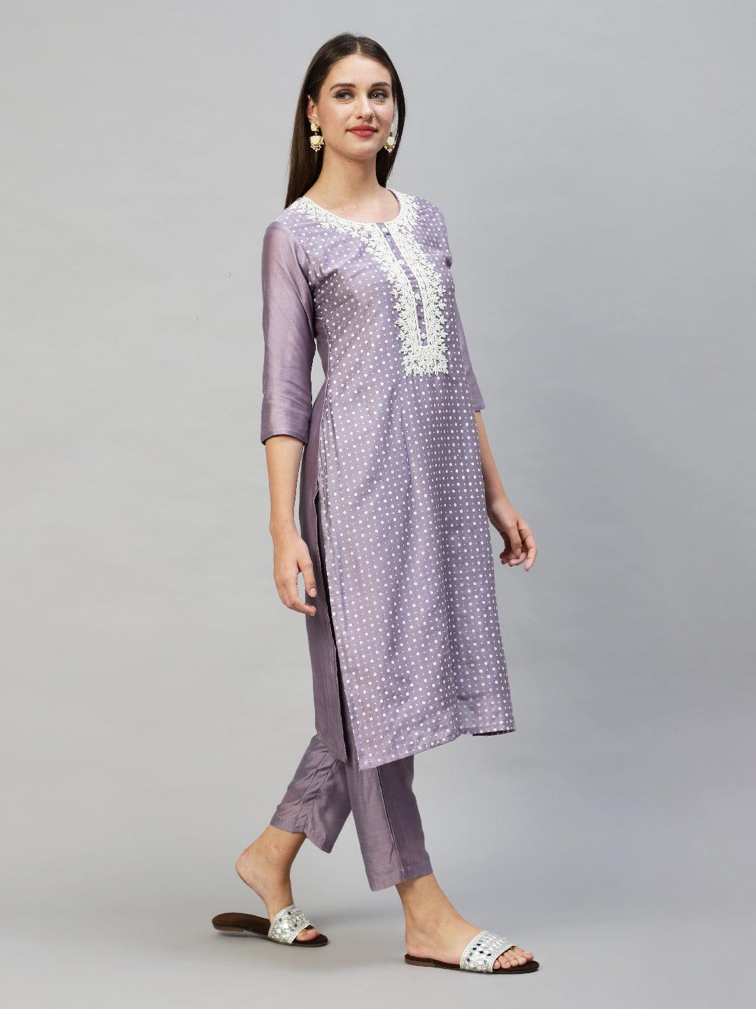 Polka Dots Printed & Hand Embroidered Kurta with Pants & Dupatta - Lavender - Indiakreations