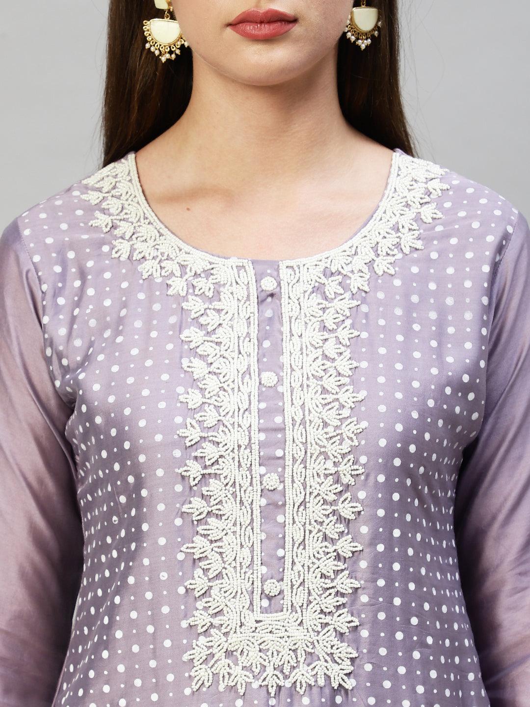 Polka Dots Printed & Hand Embroidered Kurta with Pants & Dupatta - Lavender - Indiakreations