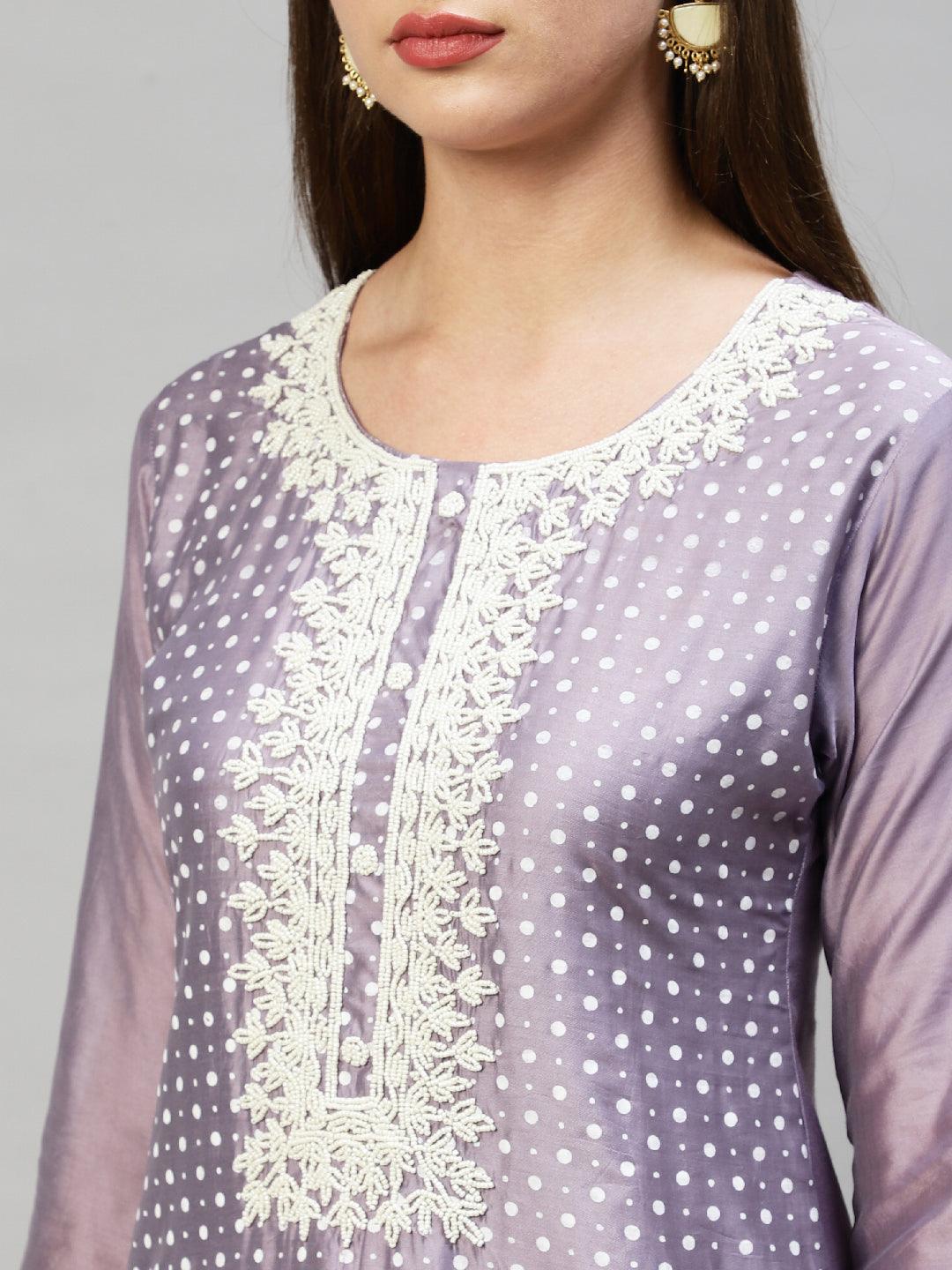 Polka Dots Printed & Hand Embroidered Kurta with Pants & Dupatta - Lavender - Indiakreations