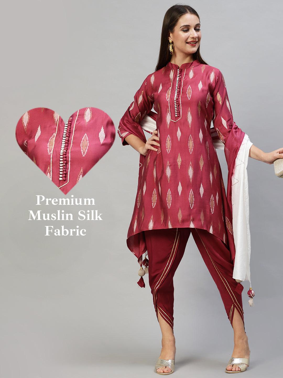 Ethnic Printed Asymmetric Kurta with Pants & Dupatta - Wine - Indiakreations