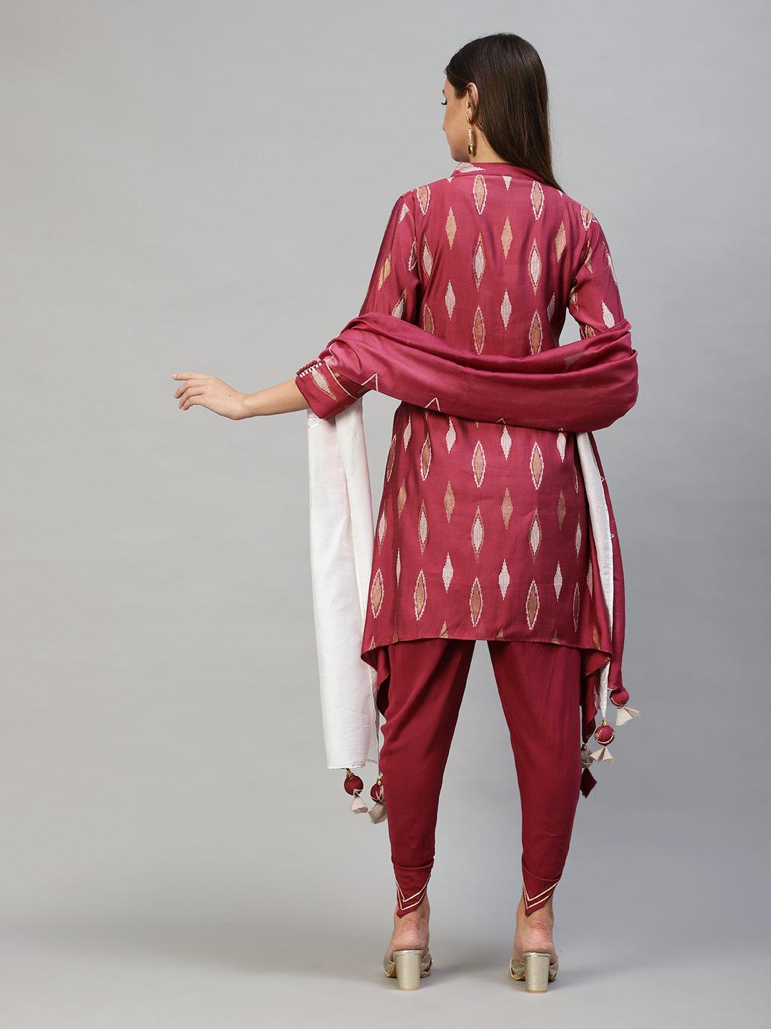 Ethnic Printed Asymmetric Kurta with Pants & Dupatta - Wine - Indiakreations