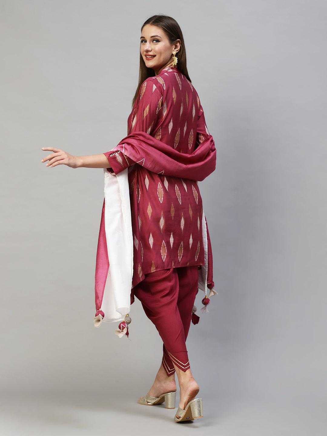 Ethnic Printed Asymmetric Kurta with Pants & Dupatta - Wine - Indiakreations