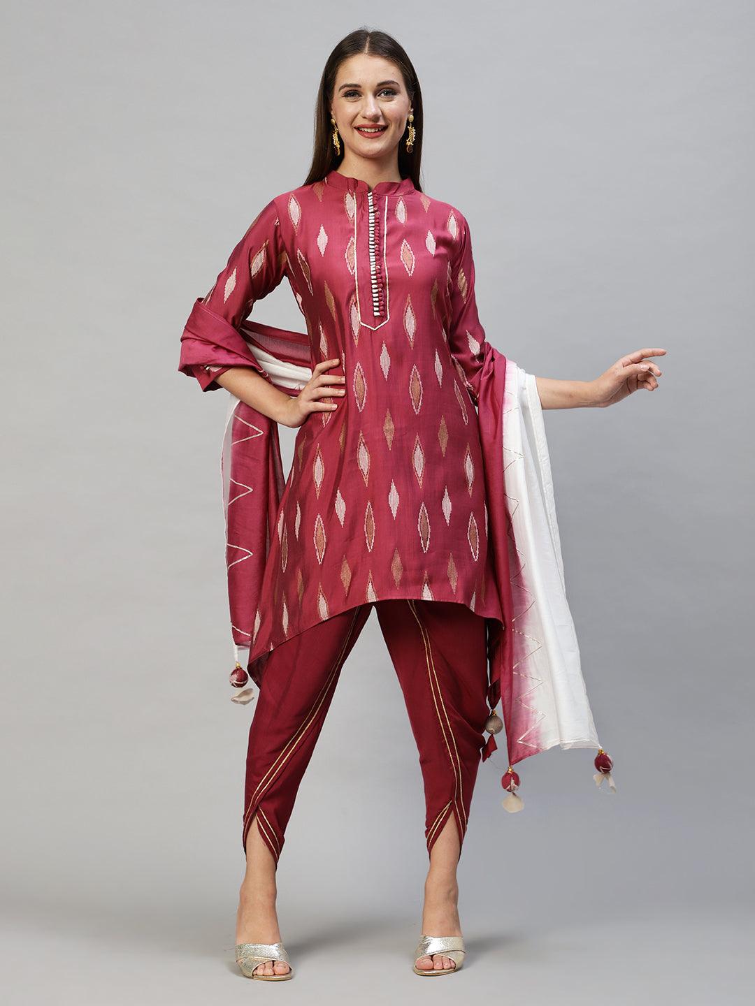 Ethnic Printed Asymmetric Kurta with Pants & Dupatta - Wine - Indiakreations