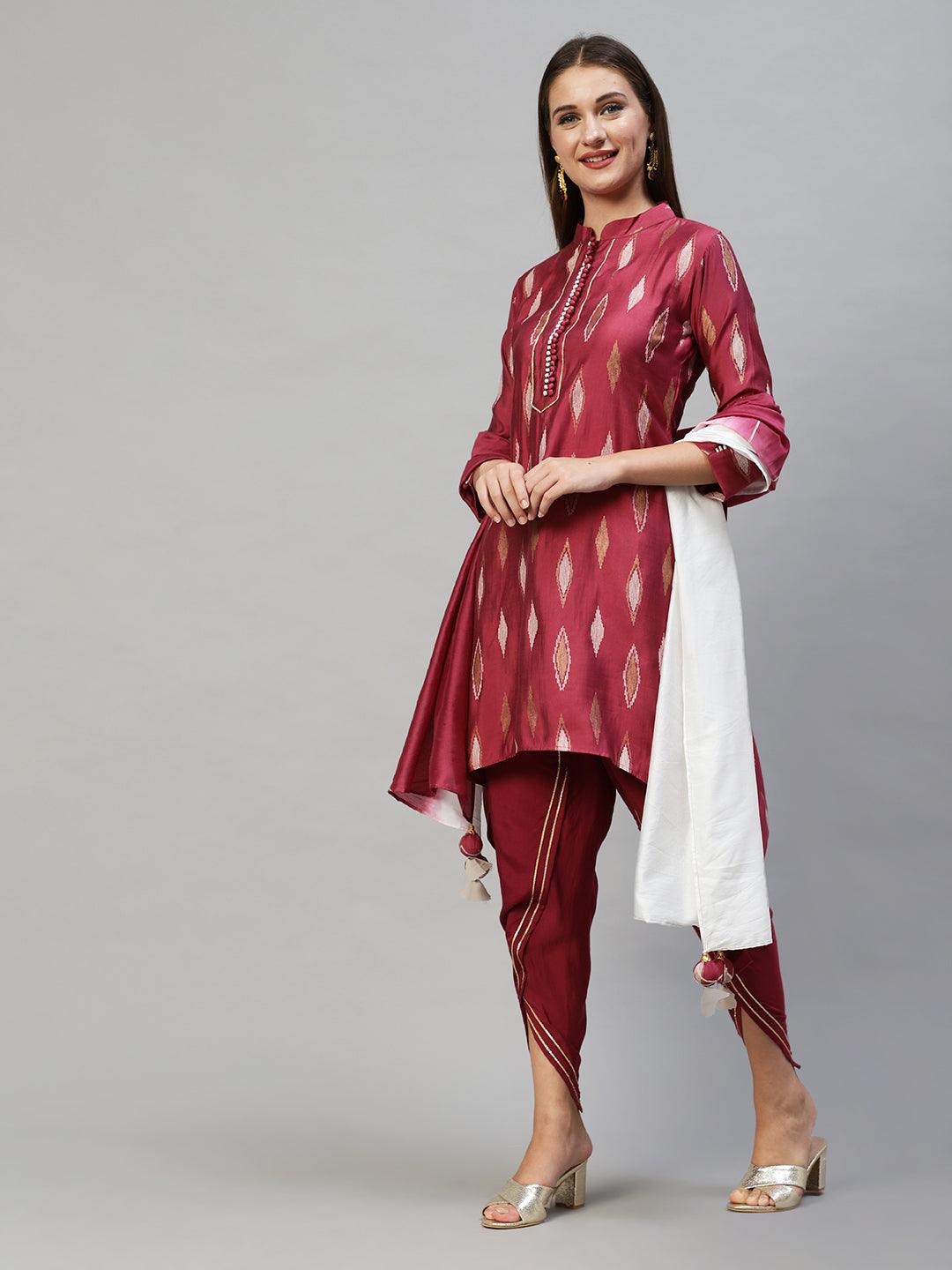 Ethnic Printed Asymmetric Kurta with Pants & Dupatta - Wine - Indiakreations