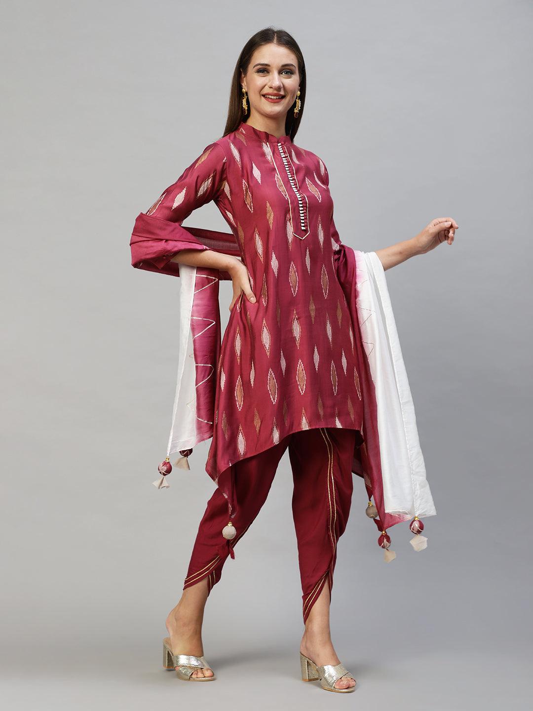 Ethnic Printed Asymmetric Kurta with Pants & Dupatta - Wine - Indiakreations