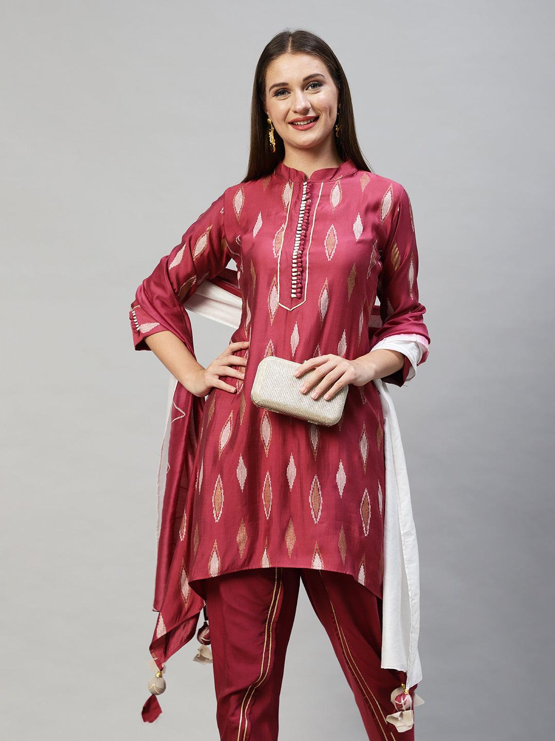 Ethnic Printed Asymmetric Kurta with Pants & Dupatta - Wine - Indiakreations