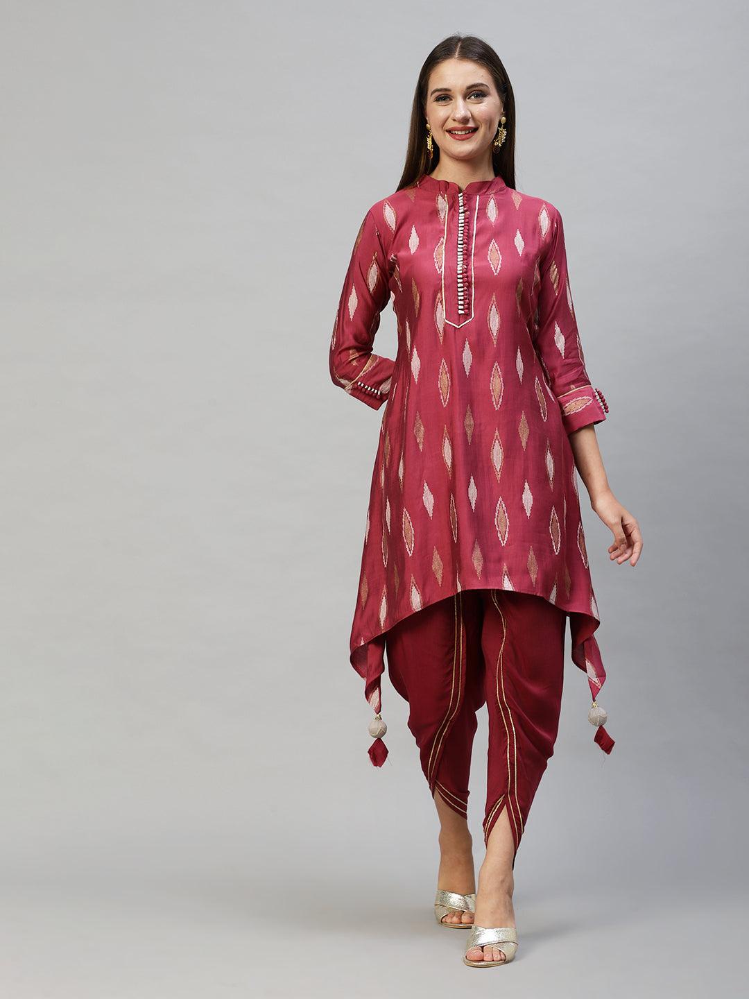 Ethnic Printed Asymmetric Kurta with Pants & Dupatta - Wine - Indiakreations