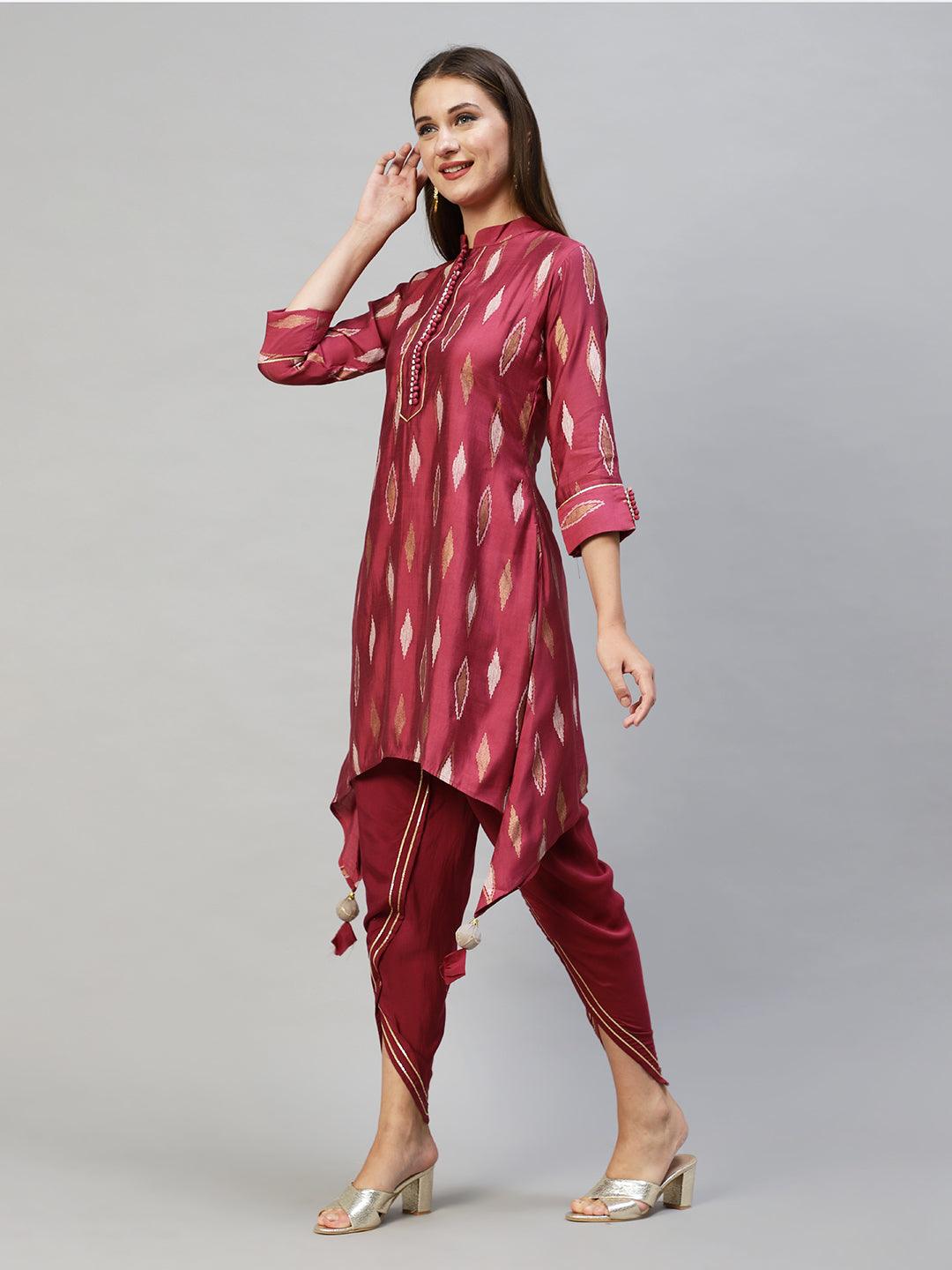 Ethnic Printed Asymmetric Kurta with Pants & Dupatta - Wine - Indiakreations