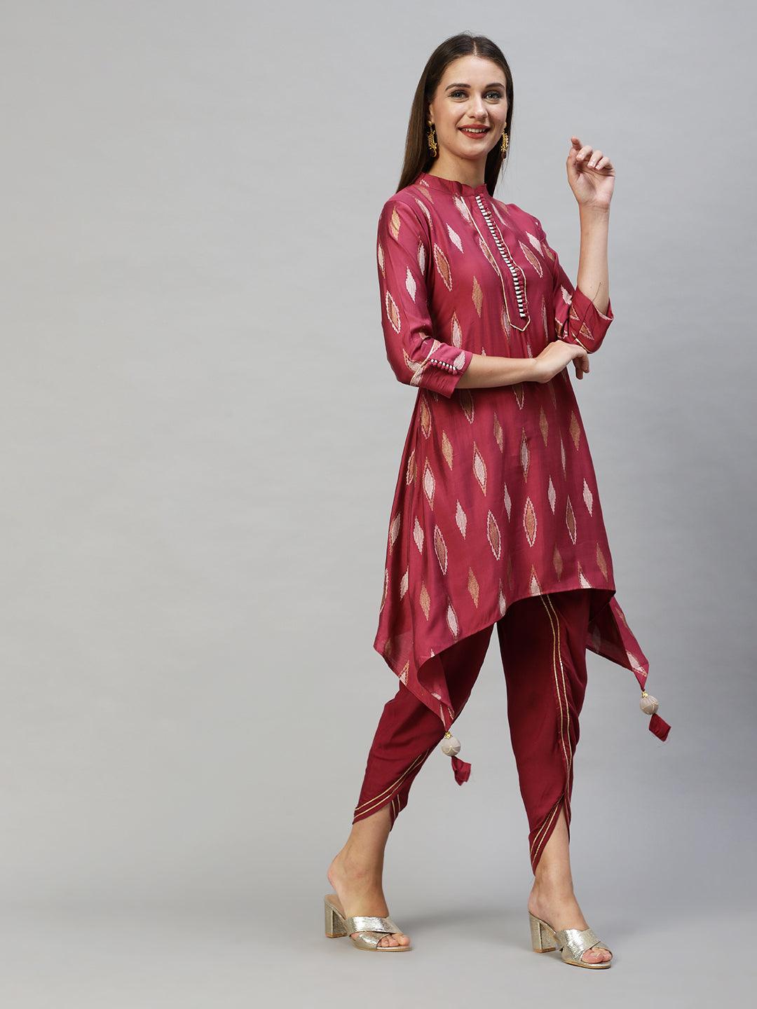 Ethnic Printed Asymmetric Kurta with Pants & Dupatta - Wine - Indiakreations