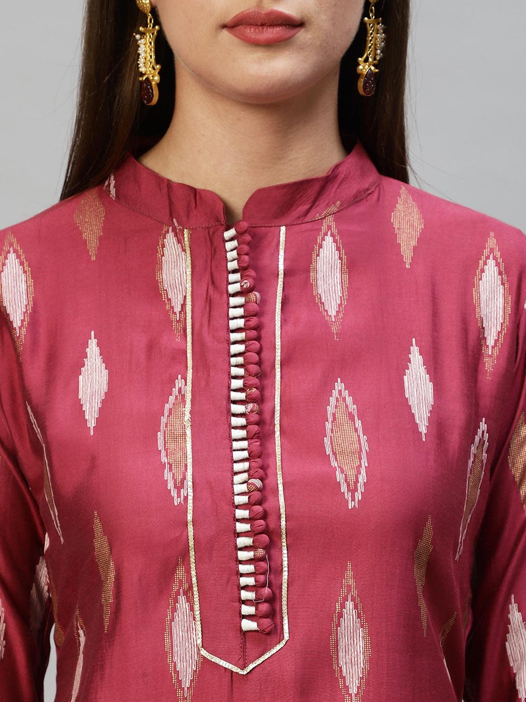 Ethnic Printed Asymmetric Kurta with Pants & Dupatta - Wine - Indiakreations