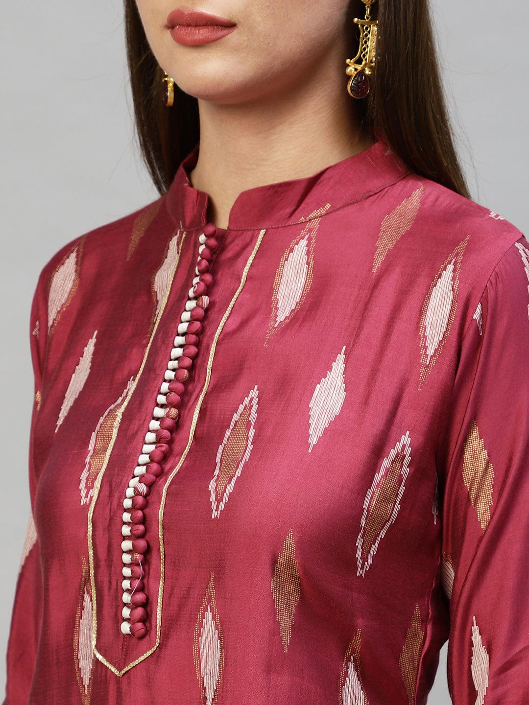 Ethnic Printed Asymmetric Kurta with Pants & Dupatta - Wine - Indiakreations