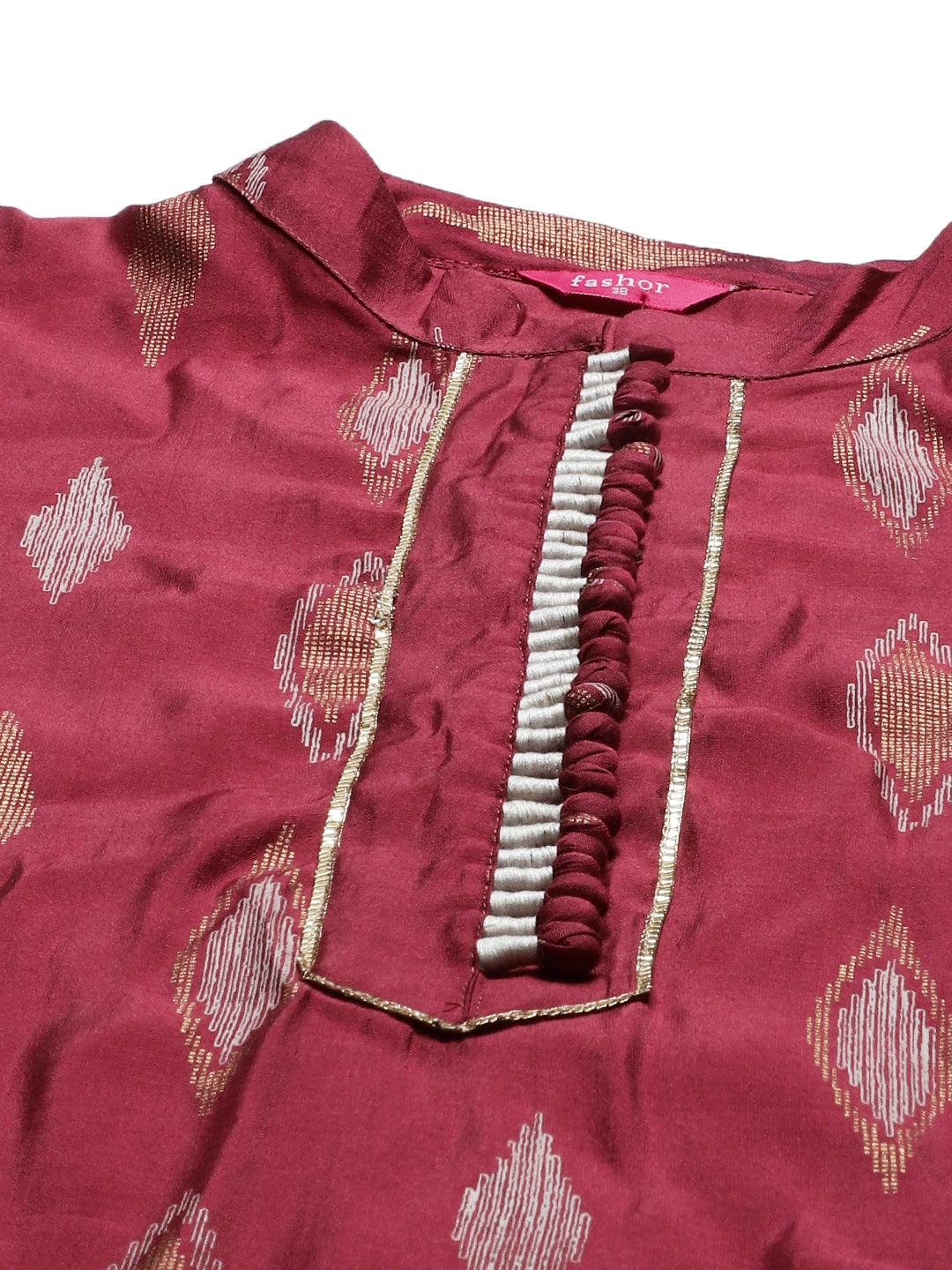 Ethnic Printed Asymmetric Kurta with Pants & Dupatta - Wine - Indiakreations