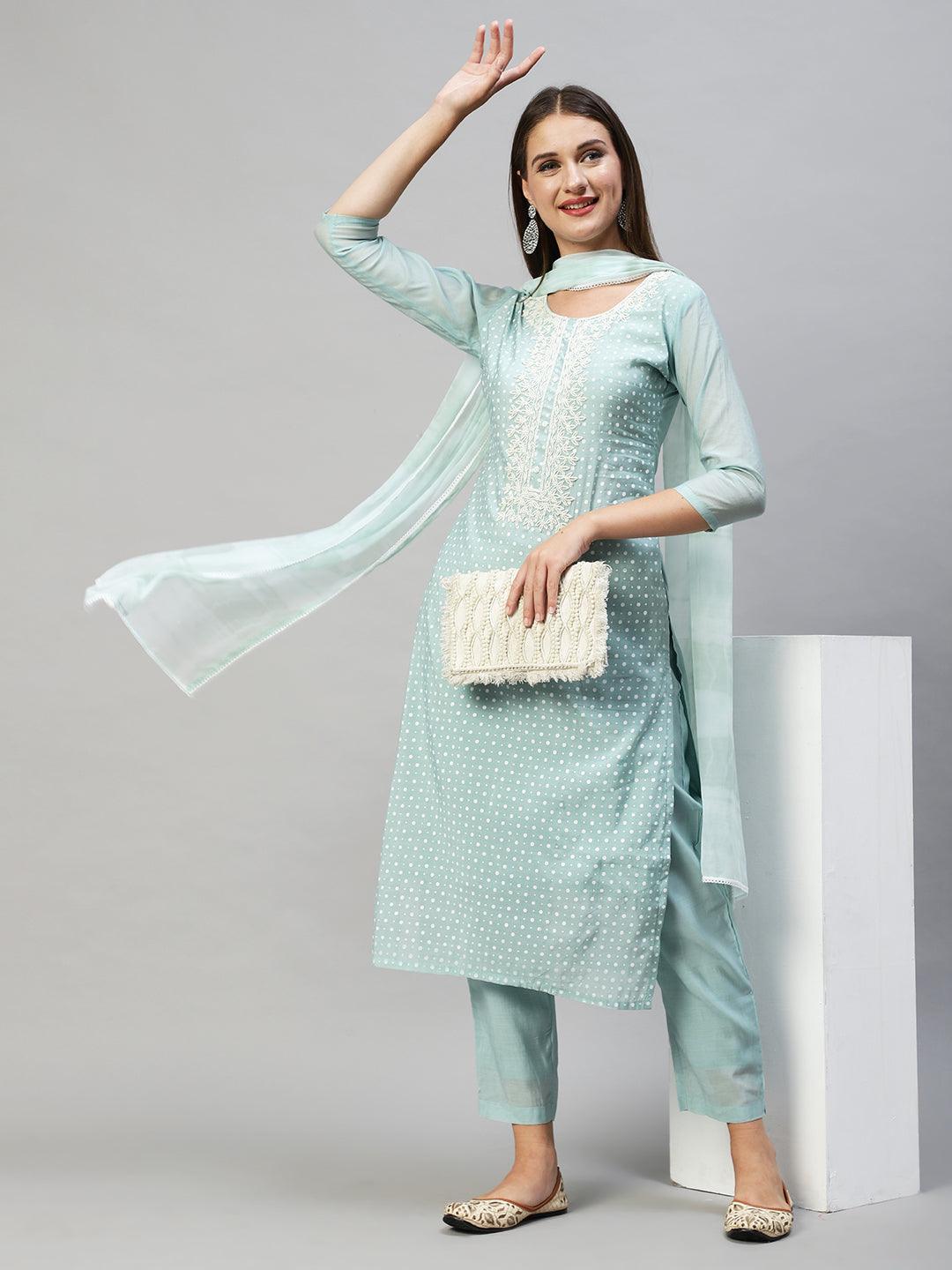 Polka Dots Printed & Hand Embroidered Kurta with Pants & Dupatta - Mint Green - Indiakreations