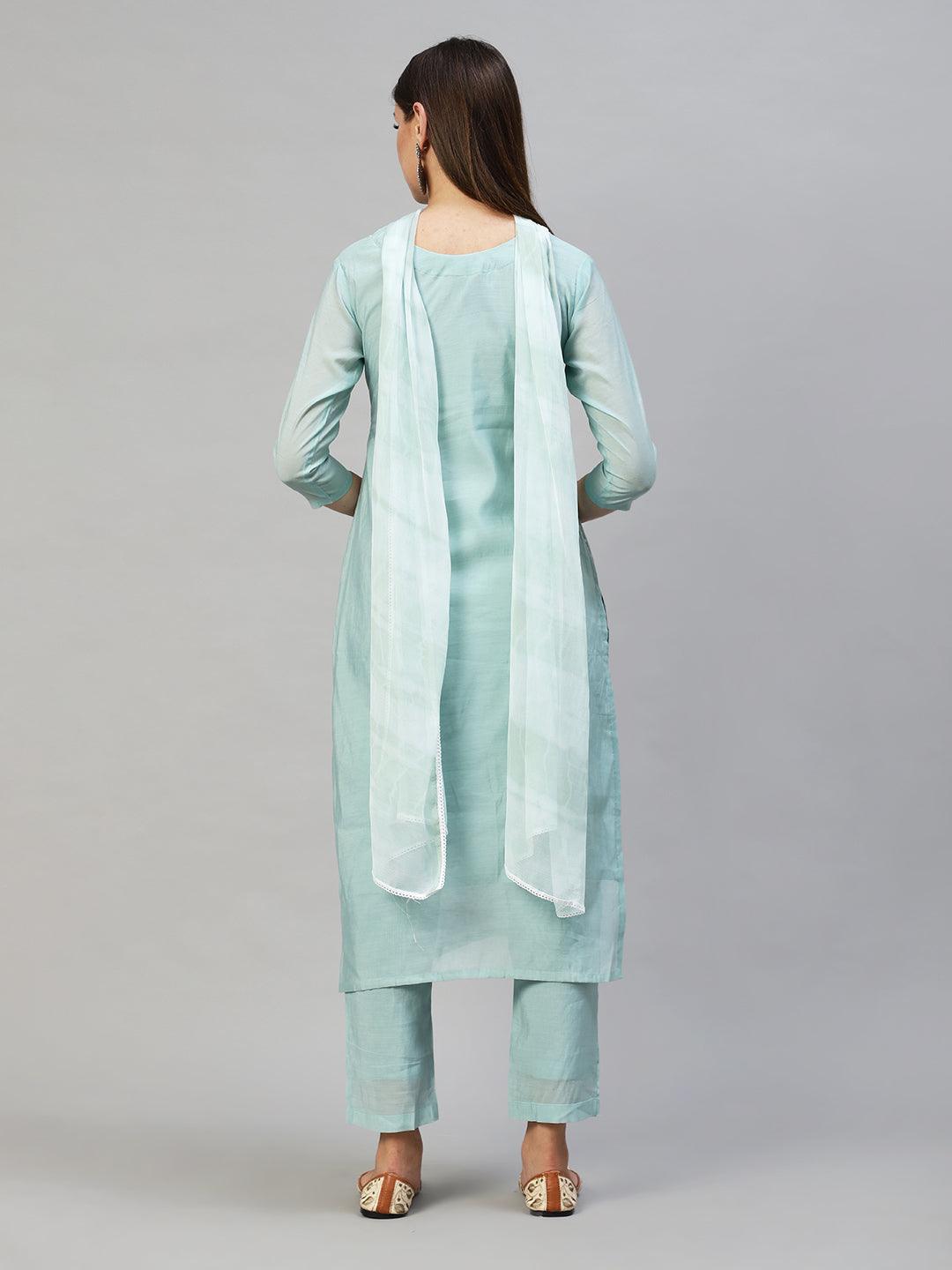 Polka Dots Printed & Hand Embroidered Kurta with Pants & Dupatta - Mint Green - Indiakreations