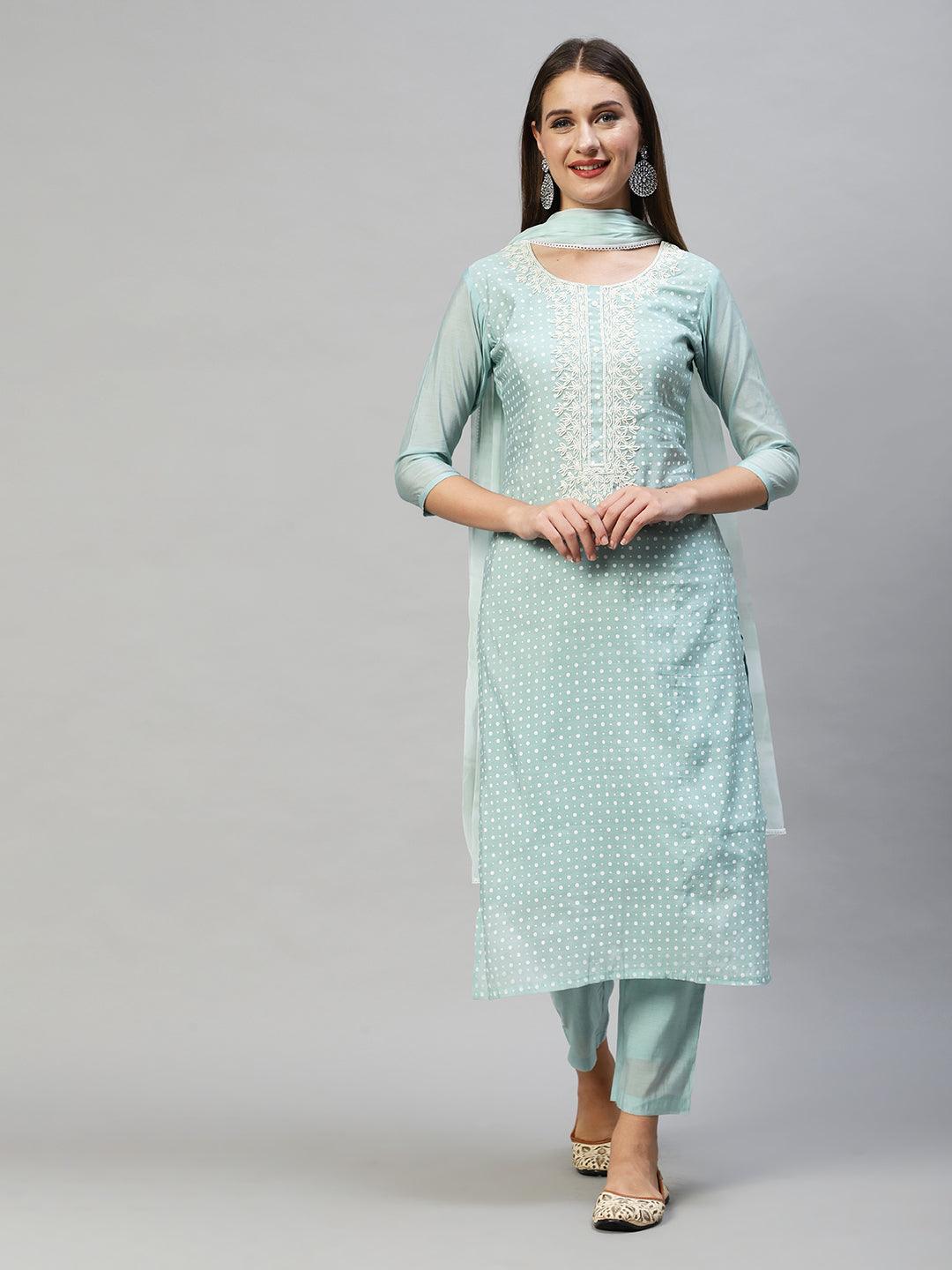 Polka Dots Printed & Hand Embroidered Kurta with Pants & Dupatta - Mint Green - Indiakreations