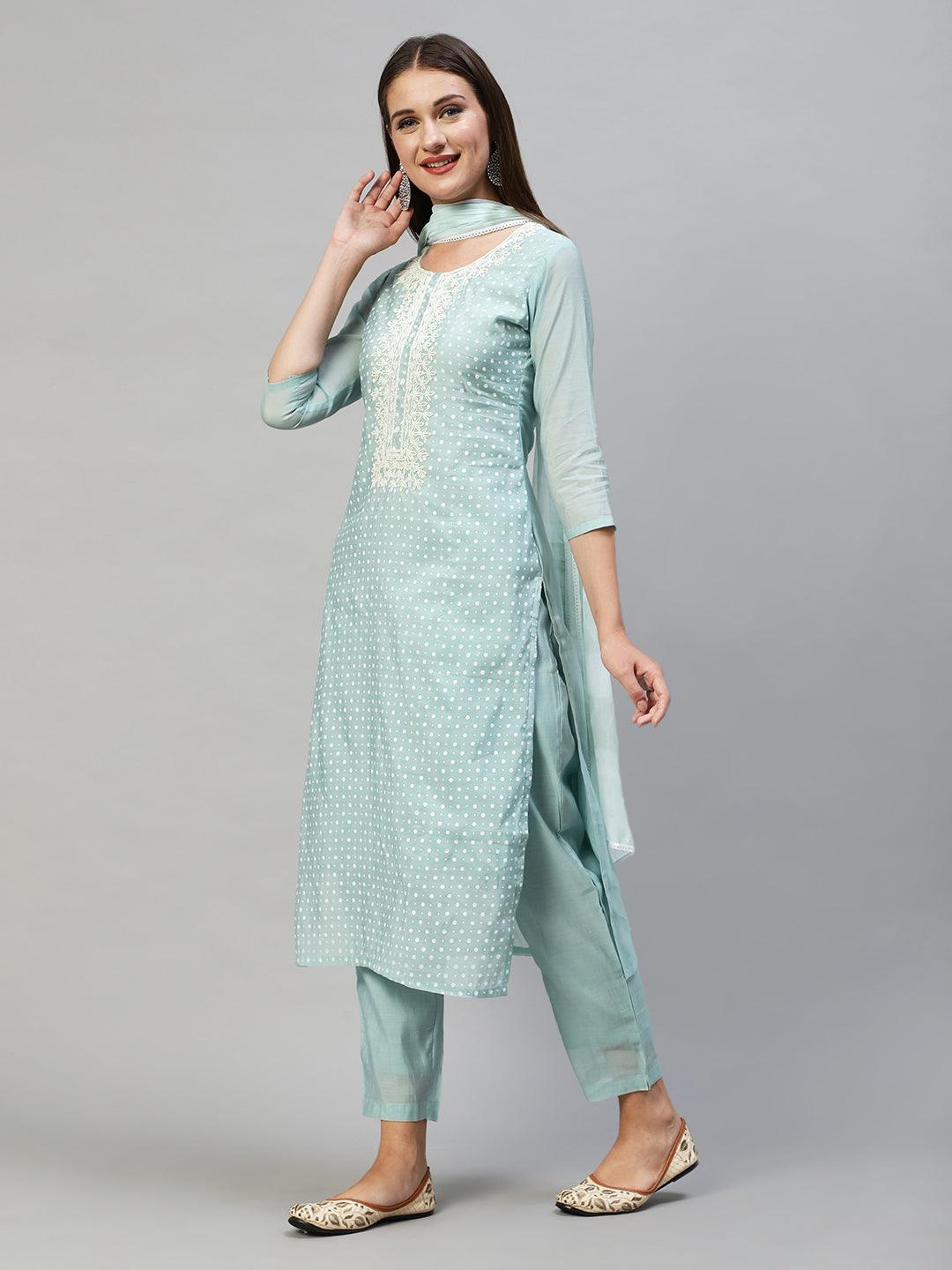 Polka Dots Printed & Hand Embroidered Kurta with Pants & Dupatta - Mint Green - Indiakreations