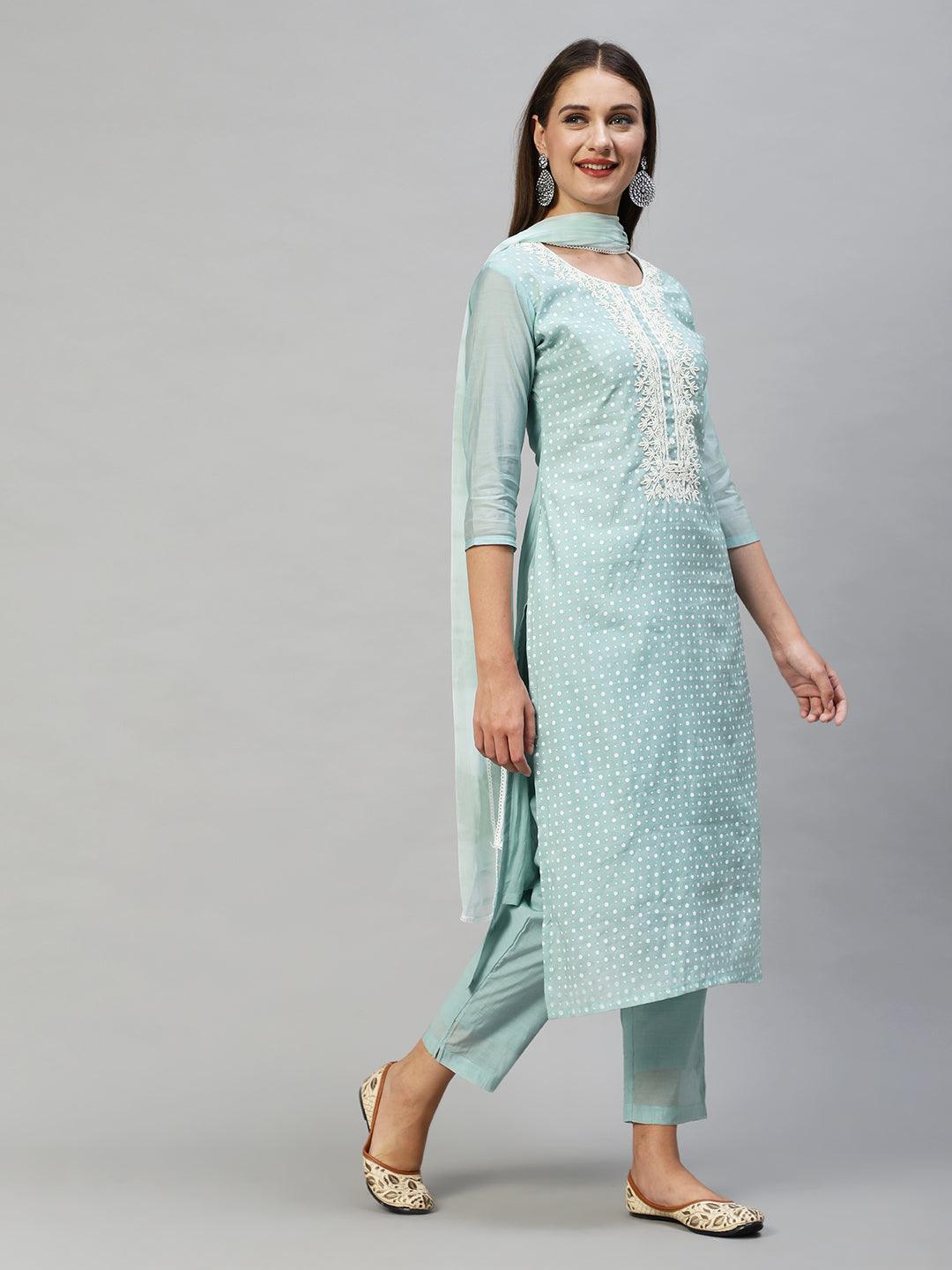 Polka Dots Printed & Hand Embroidered Kurta with Pants & Dupatta - Mint Green - Indiakreations