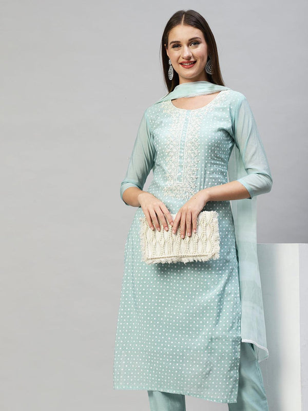 Polka Dots Printed & Hand Embroidered Kurta with Pants & Dupatta - Mint Green - Indiakreations