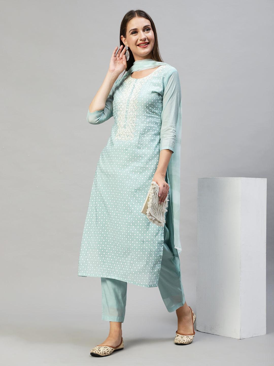 Polka Dots Printed & Hand Embroidered Kurta with Pants & Dupatta - Mint Green - Indiakreations