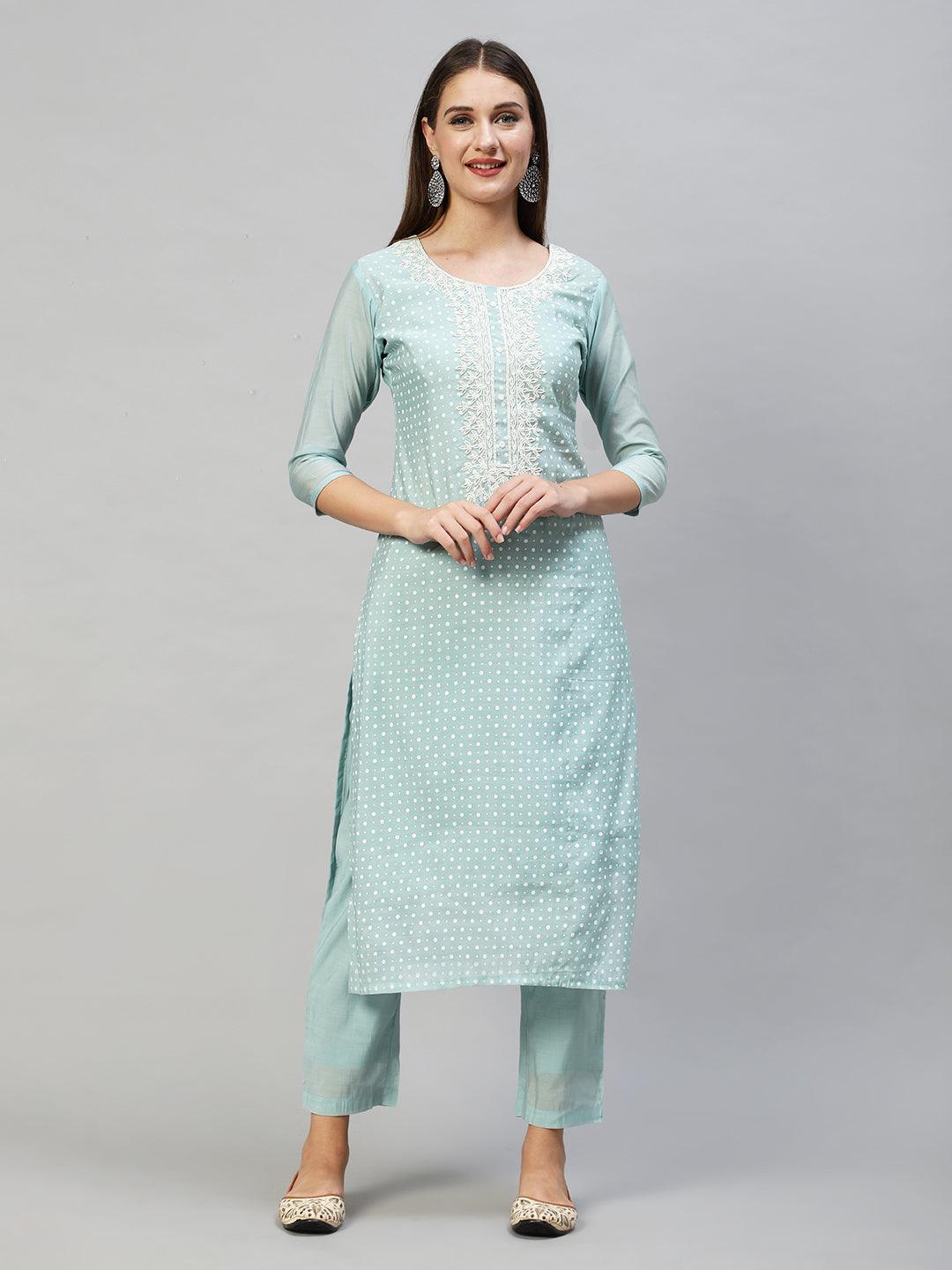 Polka Dots Printed & Hand Embroidered Kurta with Pants & Dupatta - Mint Green - Indiakreations