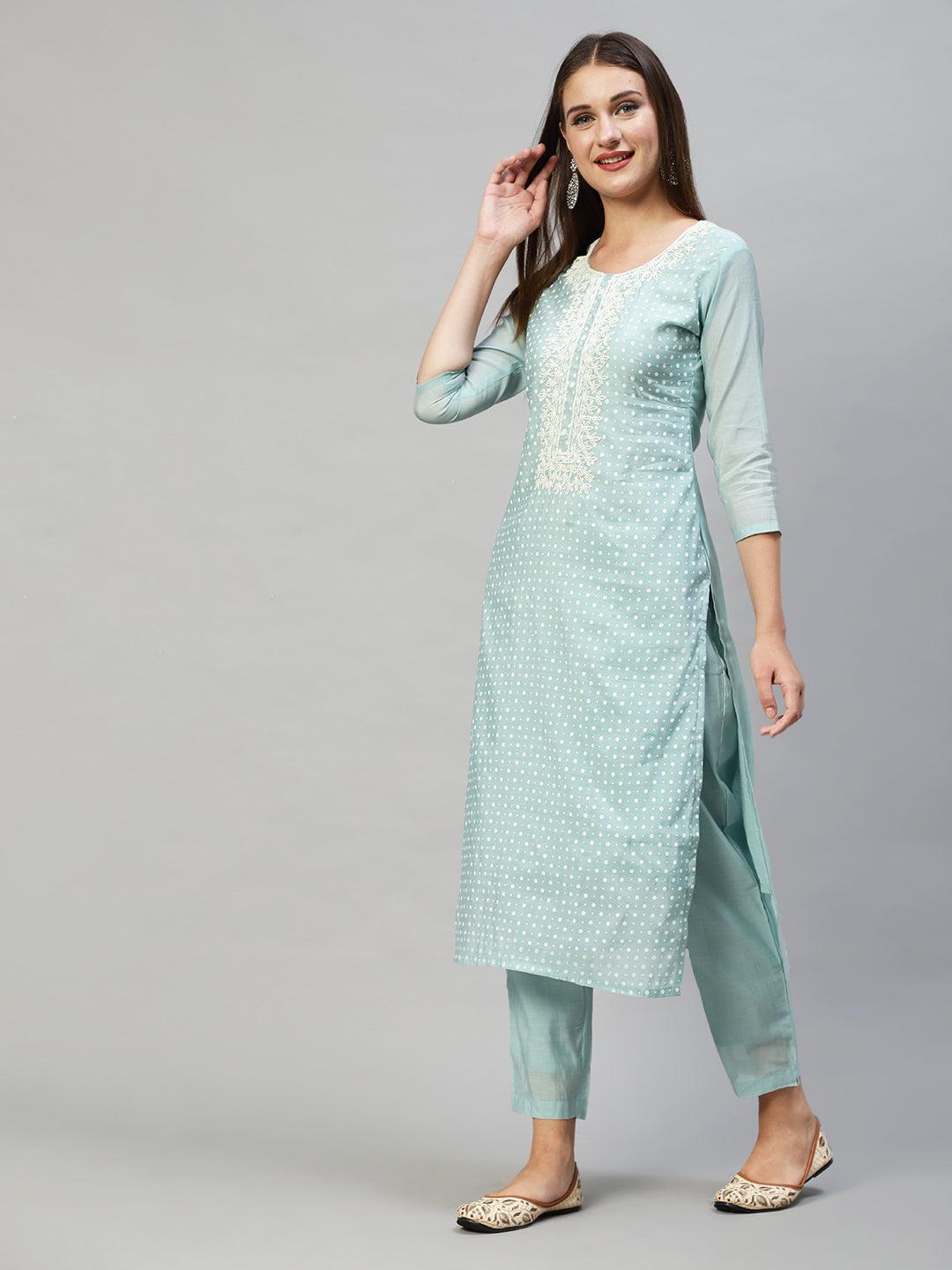 Polka Dots Printed & Hand Embroidered Kurta with Pants & Dupatta - Mint Green - Indiakreations