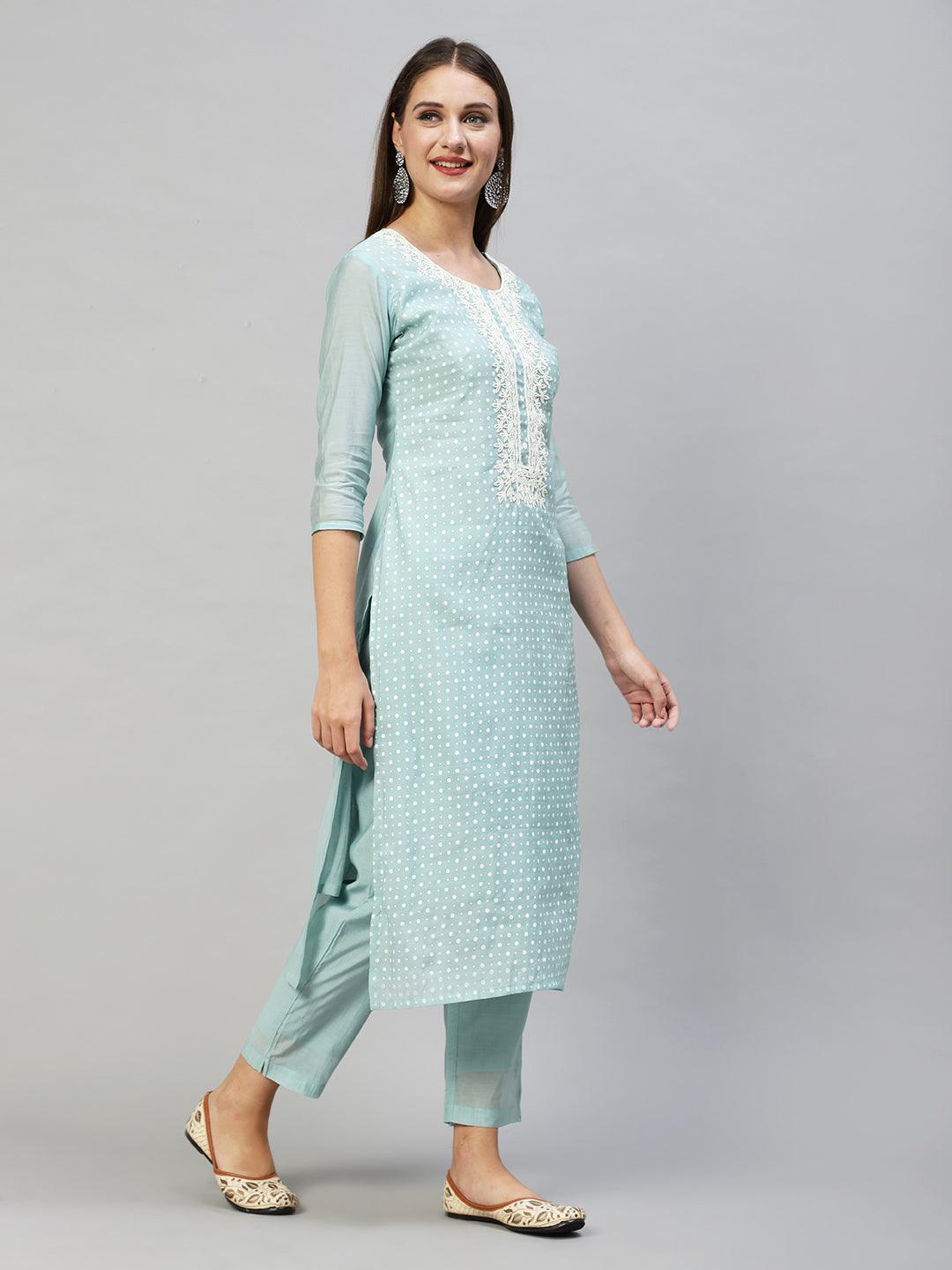 Polka Dots Printed & Hand Embroidered Kurta with Pants & Dupatta - Mint Green - Indiakreations