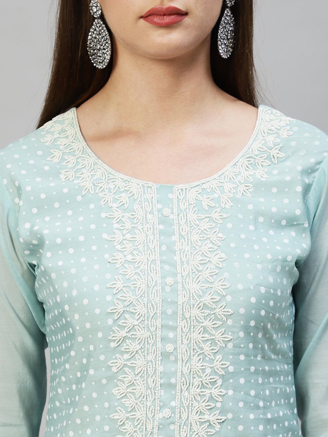 Polka Dots Printed & Hand Embroidered Kurta with Pants & Dupatta - Mint Green - Indiakreations