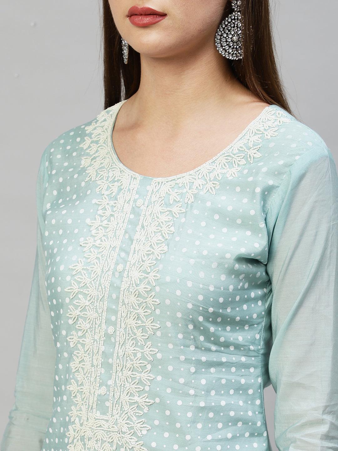 Polka Dots Printed & Hand Embroidered Kurta with Pants & Dupatta - Mint Green - Indiakreations