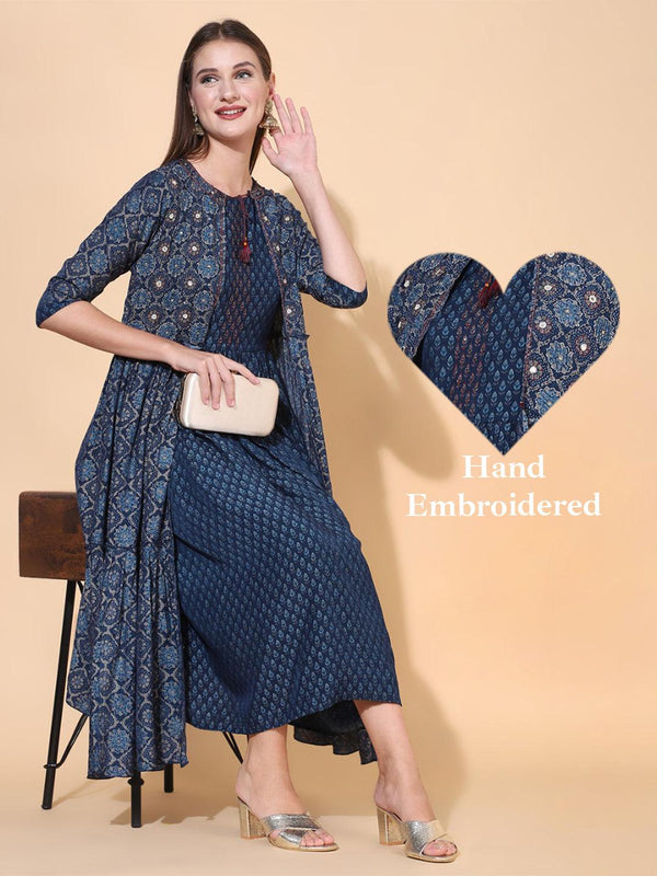 Ethnic Printed A-Line Flared Dress with Hand Embroidered Jacket - Dark Blue - Indiakreations