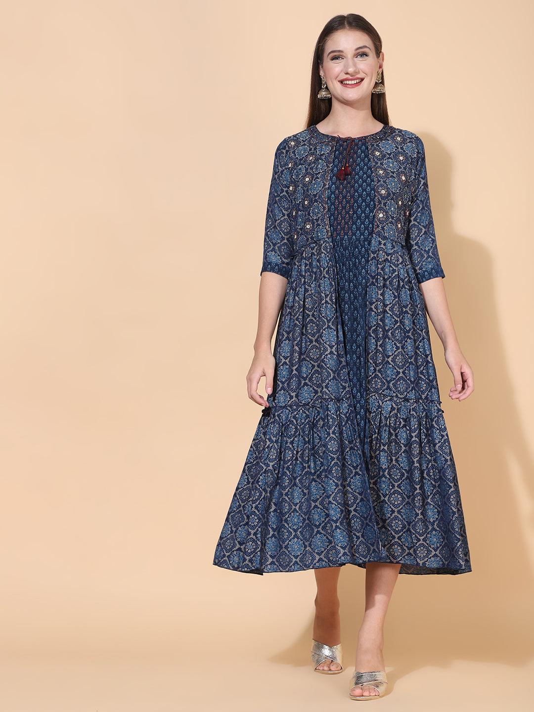 Ethnic Printed A-Line Flared Dress with Hand Embroidered Jacket - Dark Blue - Indiakreations