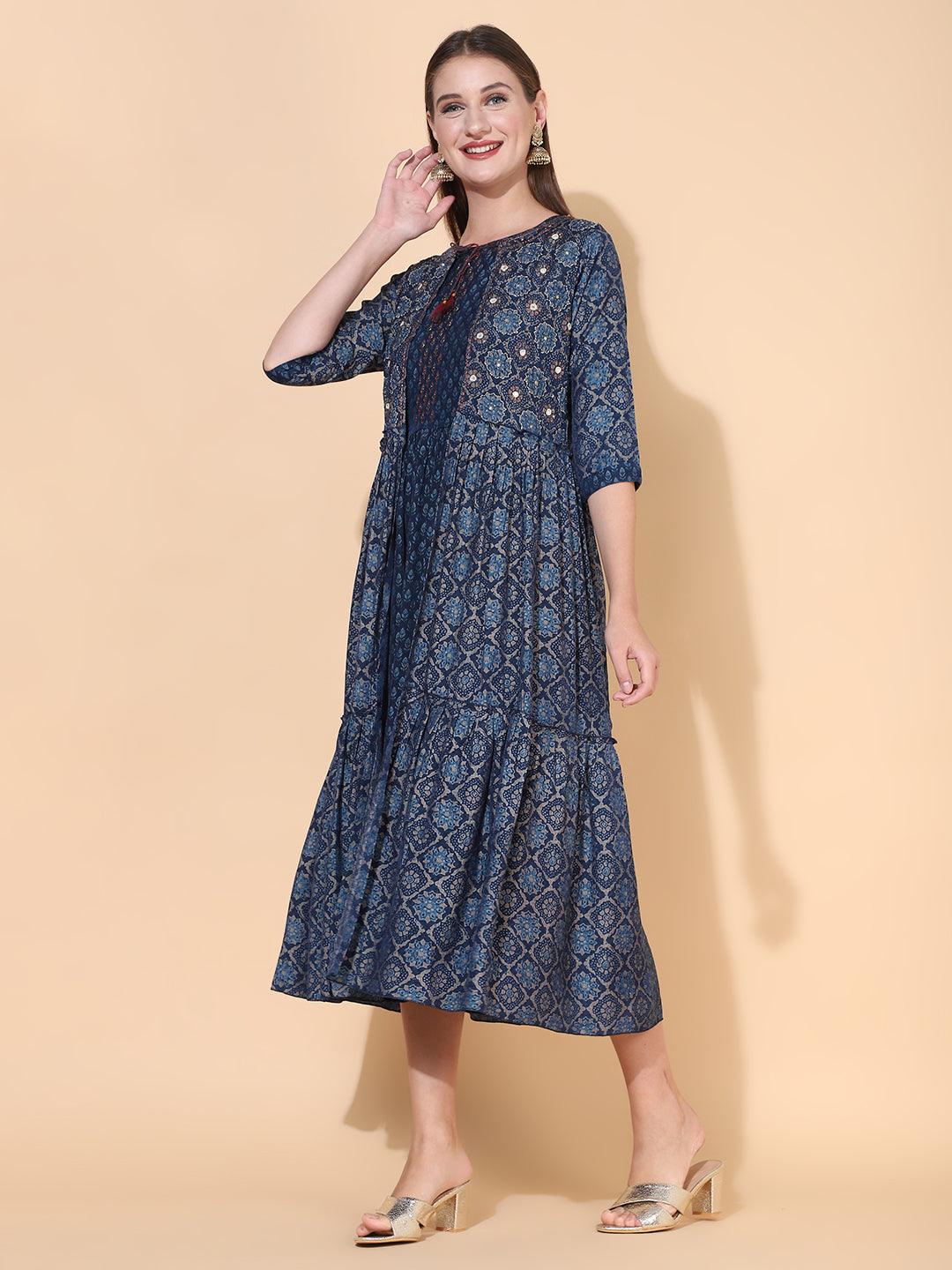 Ethnic Printed A-Line Flared Dress with Hand Embroidered Jacket - Dark Blue - Indiakreations