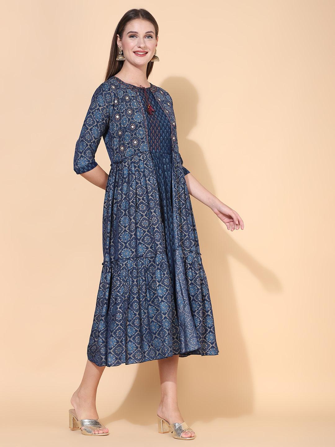 Ethnic Printed A-Line Flared Dress with Hand Embroidered Jacket - Dark Blue - Indiakreations