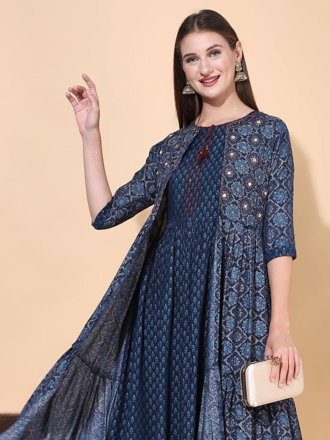 Ethnic Printed A-Line Flared Dress with Hand Embroidered Jacket - Dark Blue - Indiakreations