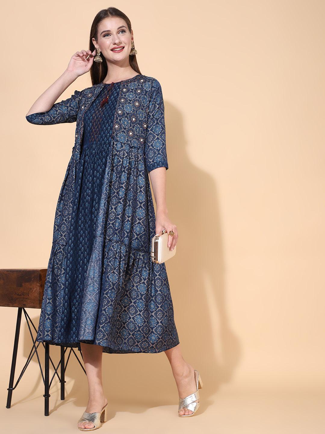 Ethnic Printed A-Line Flared Dress with Hand Embroidered Jacket - Dark Blue - Indiakreations