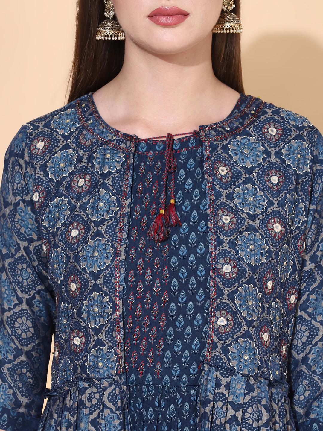 Ethnic Printed A-Line Flared Dress with Hand Embroidered Jacket - Dark Blue - Indiakreations