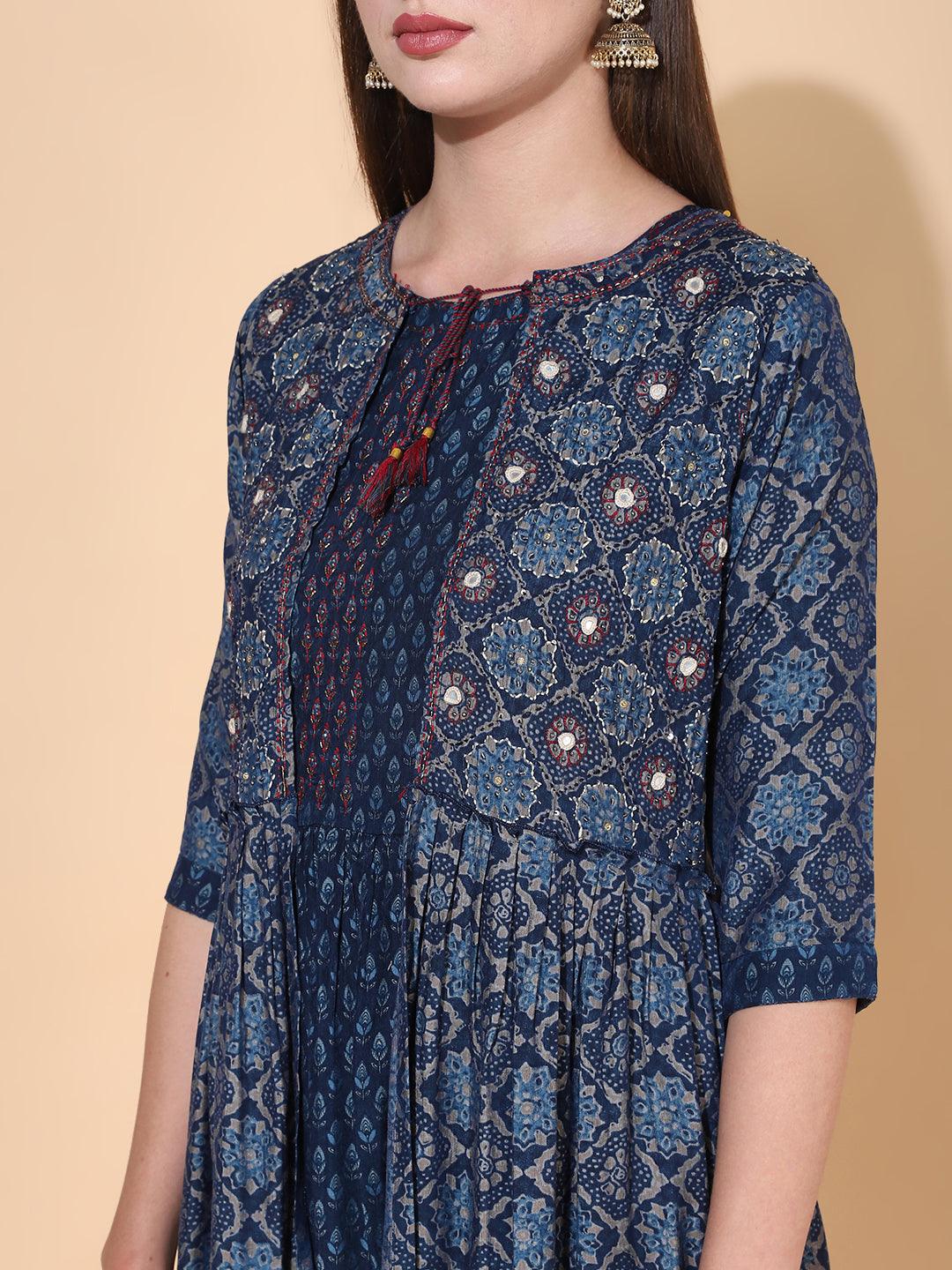 Ethnic Printed A-Line Flared Dress with Hand Embroidered Jacket - Dark Blue - Indiakreations