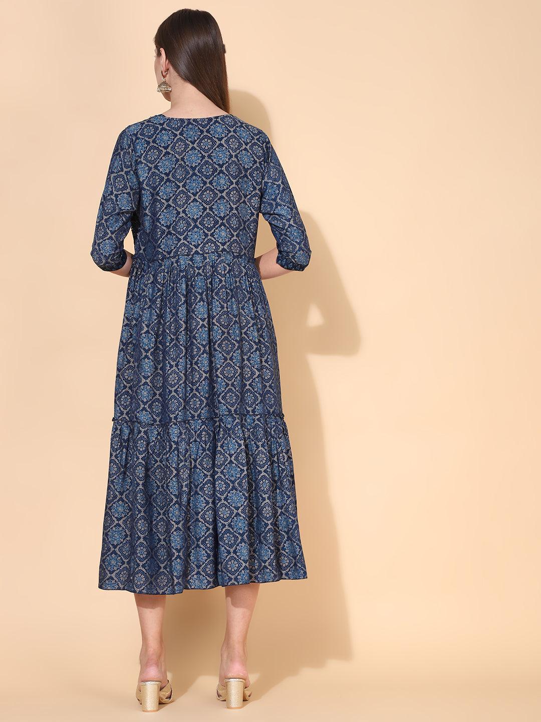 Ethnic Printed A-Line Flared Dress with Hand Embroidered Jacket - Dark Blue - Indiakreations