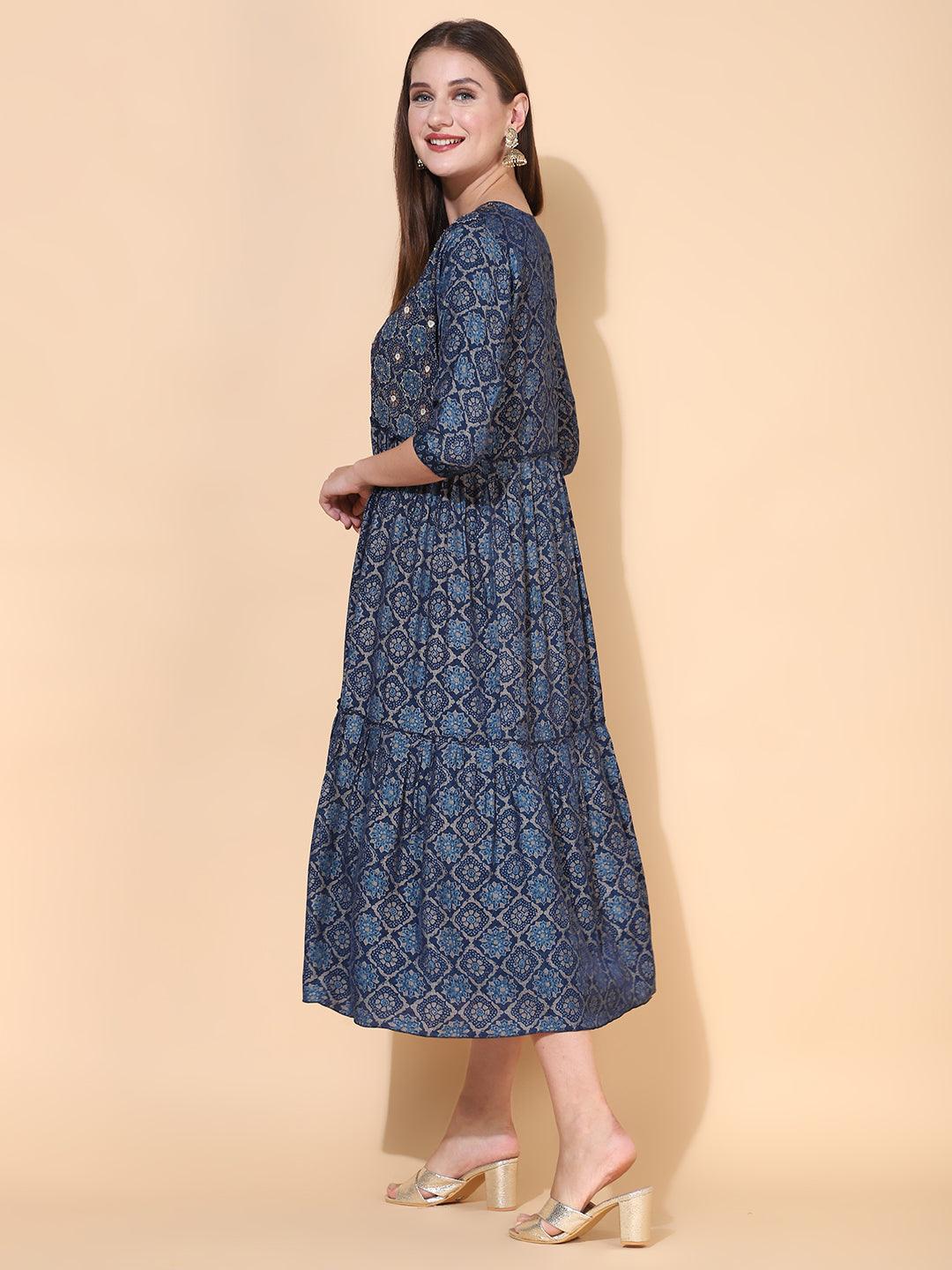 Ethnic Printed A-Line Flared Dress with Hand Embroidered Jacket - Dark Blue - Indiakreations