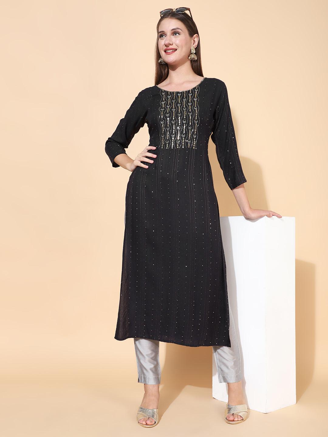 Ethnic Hand Embroidered Straight Fit Kurta - Black - Indiakreations