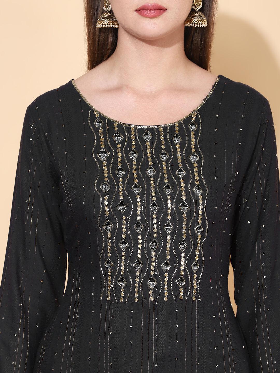 Ethnic Hand Embroidered Straight Fit Kurta - Black - Indiakreations