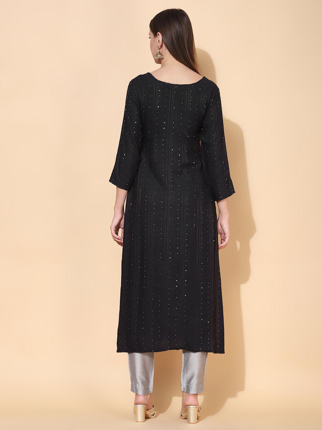 Ethnic Hand Embroidered Straight Fit Kurta - Black - Indiakreations