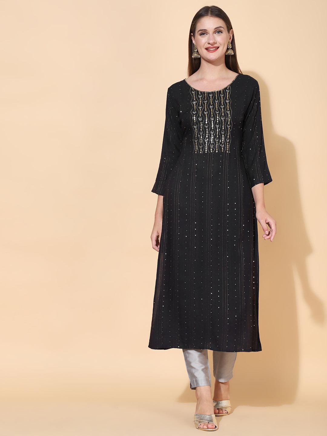 Ethnic Hand Embroidered Straight Fit Kurta - Black - Indiakreations